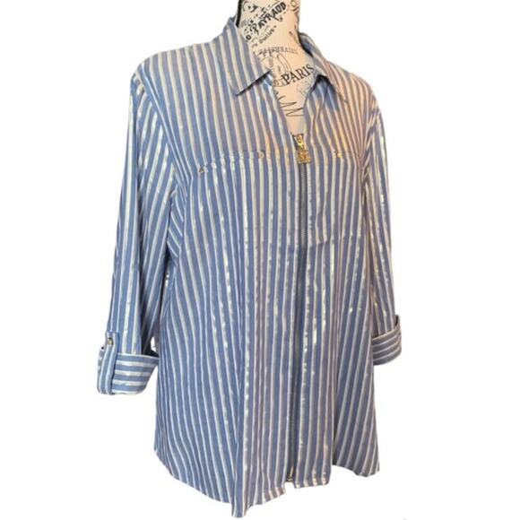Anne Klein Zip Up 3/4 Sleeve Pin Striped Blouse Mountain Lake Combo Plus Size 2X - Picture 4 of 12